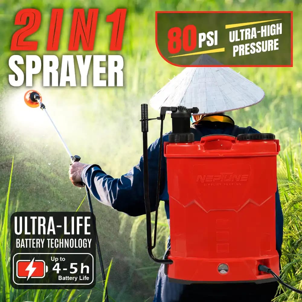 Neptune Model-25 Battery & Manual 2 in 1 Knapsack Sprayer 12V x 12Amp, 20L Tank, Telescopic Lance with 4 Nozzles for Farming & Garden (Color May Vary)
